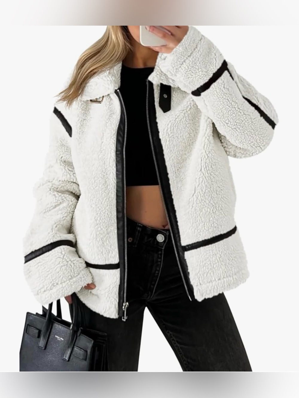 Tankaneo Faux Fur Jackets Trendy Sherpa Moto Leather Patchwork Zip Up Coat